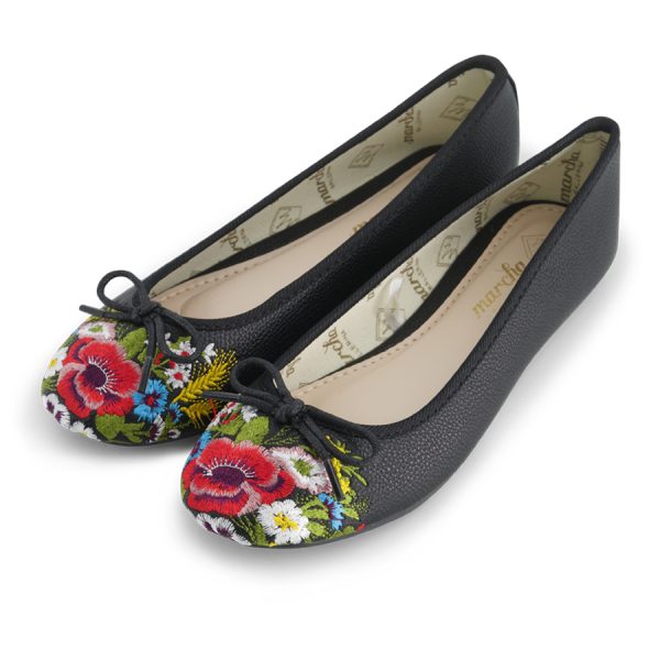 נעלי בלרינה נעלי בובה שחורות עם רקמה פרחונית בקדמת הנעל - Black Flower צד