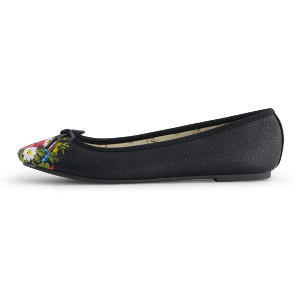 נעלי בלרינה נעלי בובה שחורות עם רקמה פרחונית בקדמת הנעל - Black Flower צד נוסף