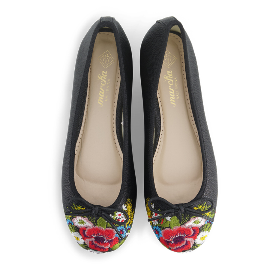 נעלי בלרינה נעלי בובה שחורות עם רקמה פרחונית בקדמת הנעל - Black Flower