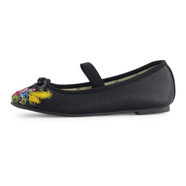נעלי בלרינה נעלי בובה שחורות עם רקמה פרחונית בקדמת הנעל לילדות - Black Flower